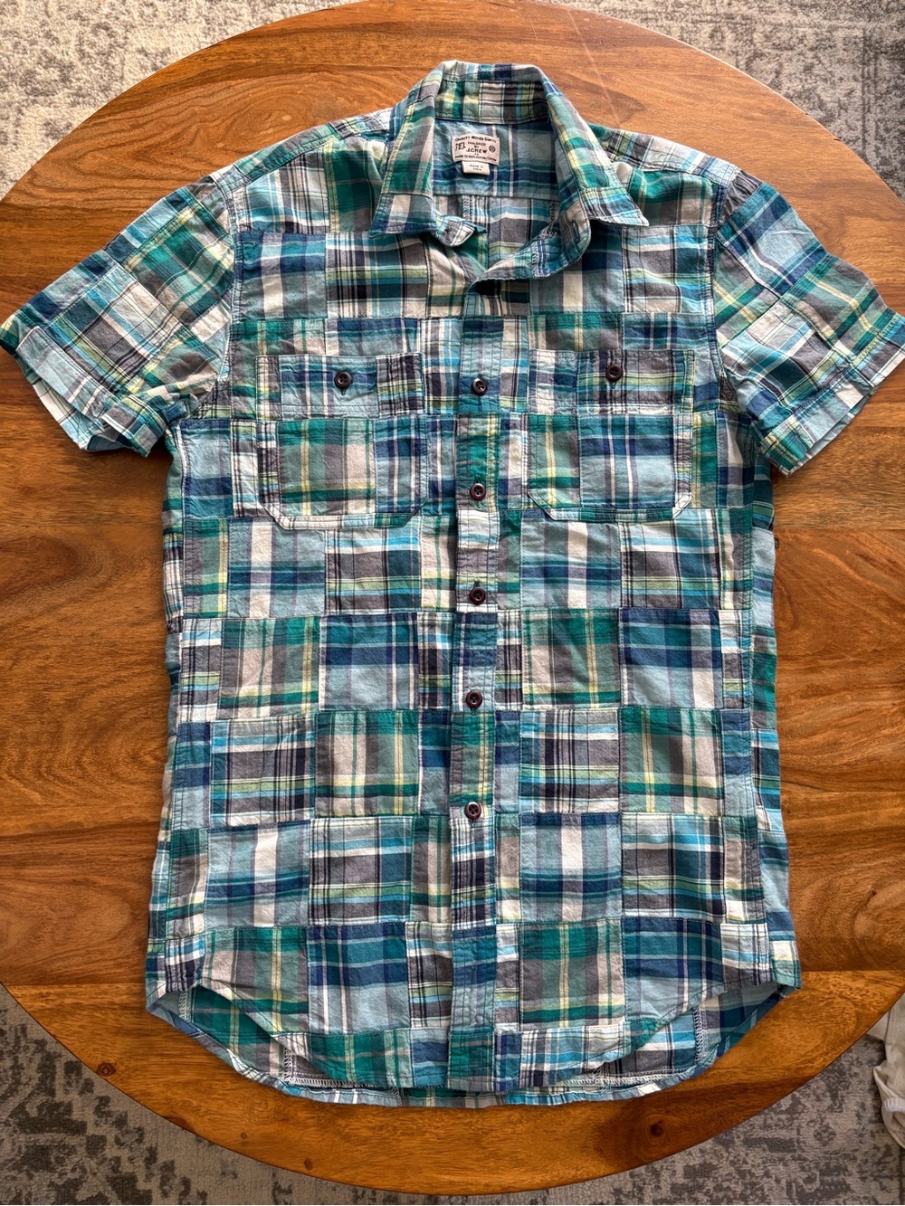 J. Crew Men's Short-Sleeve Plaid Button-Down Shirt - Teal, Blue, White